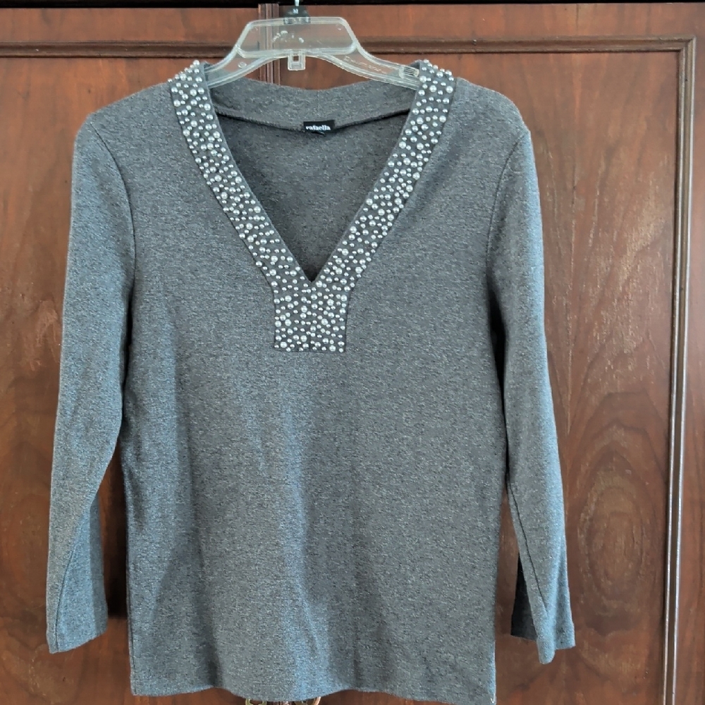 Rafaella Charcoal Long Sleeve Top with Studded V-Neck